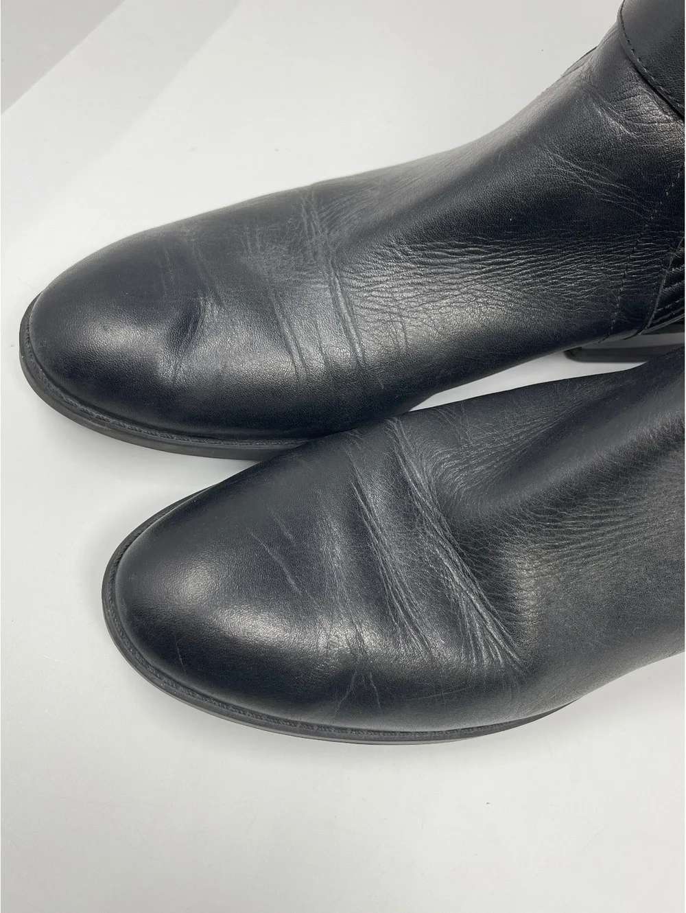 Black Leather Over The Knee Boots 9 Quilted Front Buckle Stretch Back Low Heel